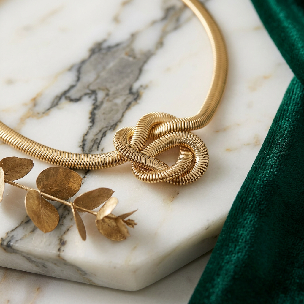 Delemon high-quality gold plated thick snake chain necklace featuring a central statement love knot design