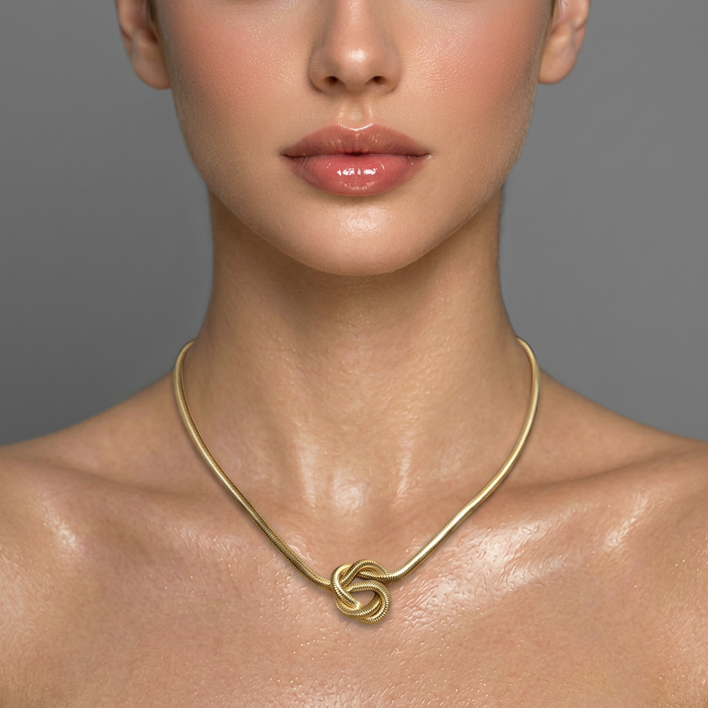Delemon high-quality gold plated thick snake chain necklace featuring a central statement love knot design