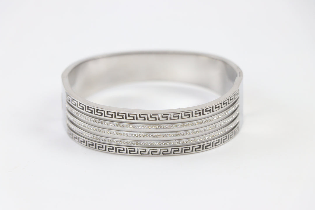 Delemon silver wide-profile Greek key statement cuff bangle bracelet with three rows of clear crystals in waterproof 316L stainless steel