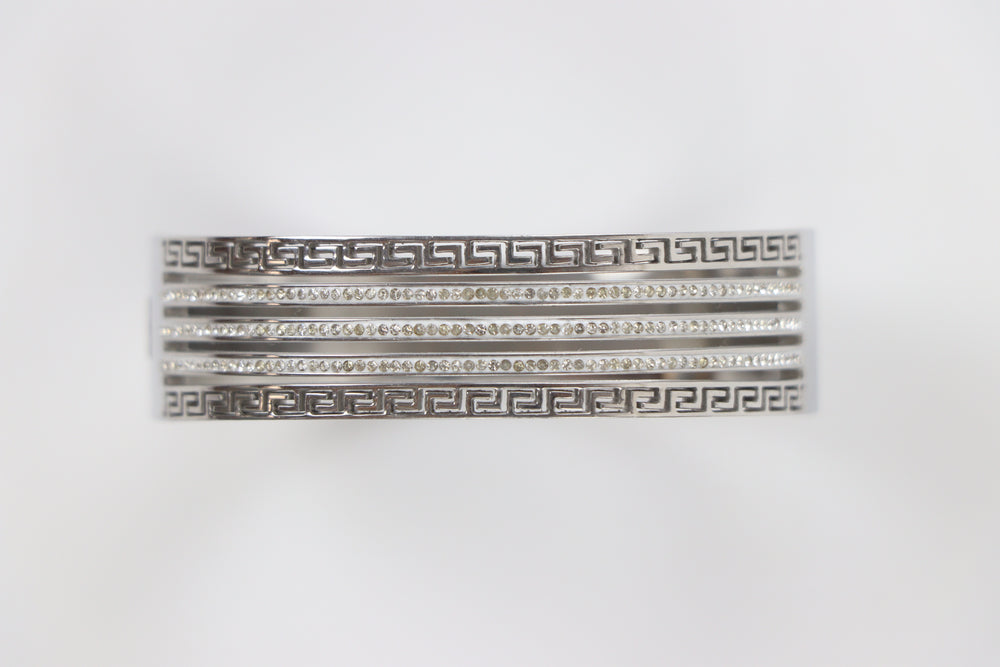 Delemon silver wide-profile Greek key statement cuff bangle bracelet with three rows of clear crystals in waterproof 316L stainless steel