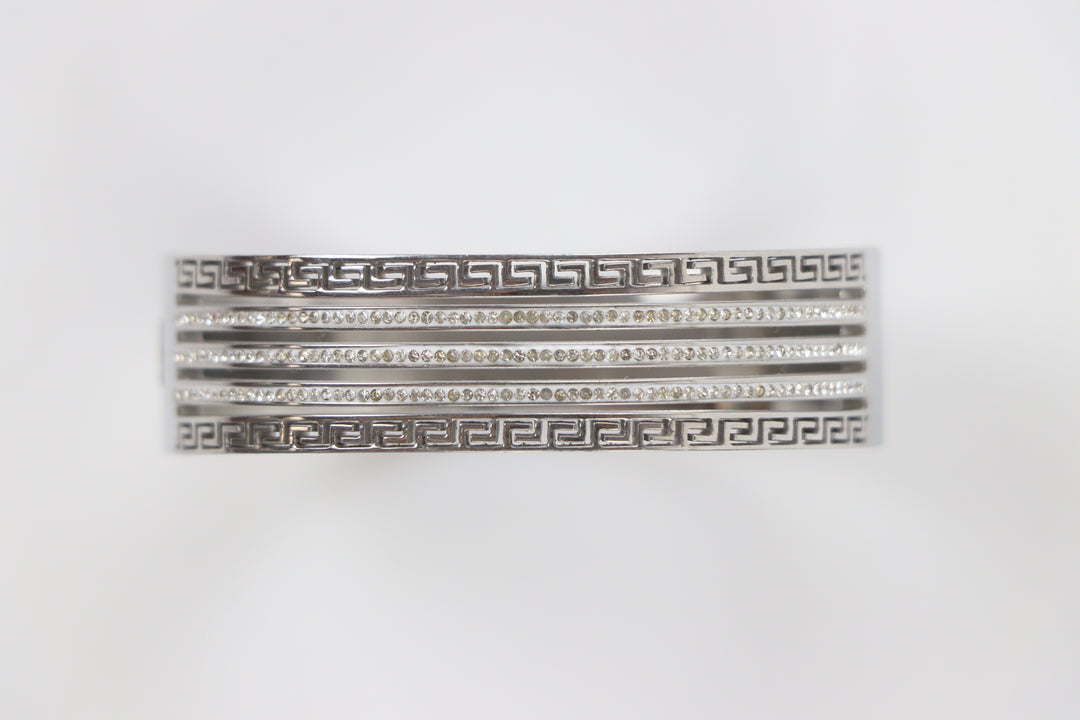 Delemon silver wide-profile Greek key statement cuff bangle bracelet with three rows of clear crystals in waterproof 316L stainless steel