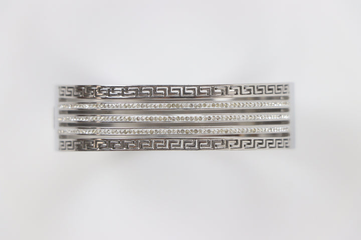 Delemon silver wide-profile Greek key statement cuff bangle bracelet with three rows of clear crystals in waterproof 316L stainless steel