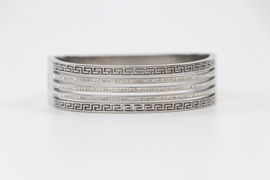 Delemon silver wide-profile Greek key statement cuff bangle bracelet with three rows of clear crystals in waterproof 316L stainless steel