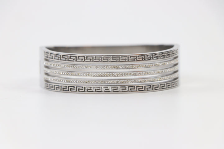 Delemon silver wide-profile Greek key statement cuff bangle bracelet with three rows of clear crystals in waterproof 316L stainless steel