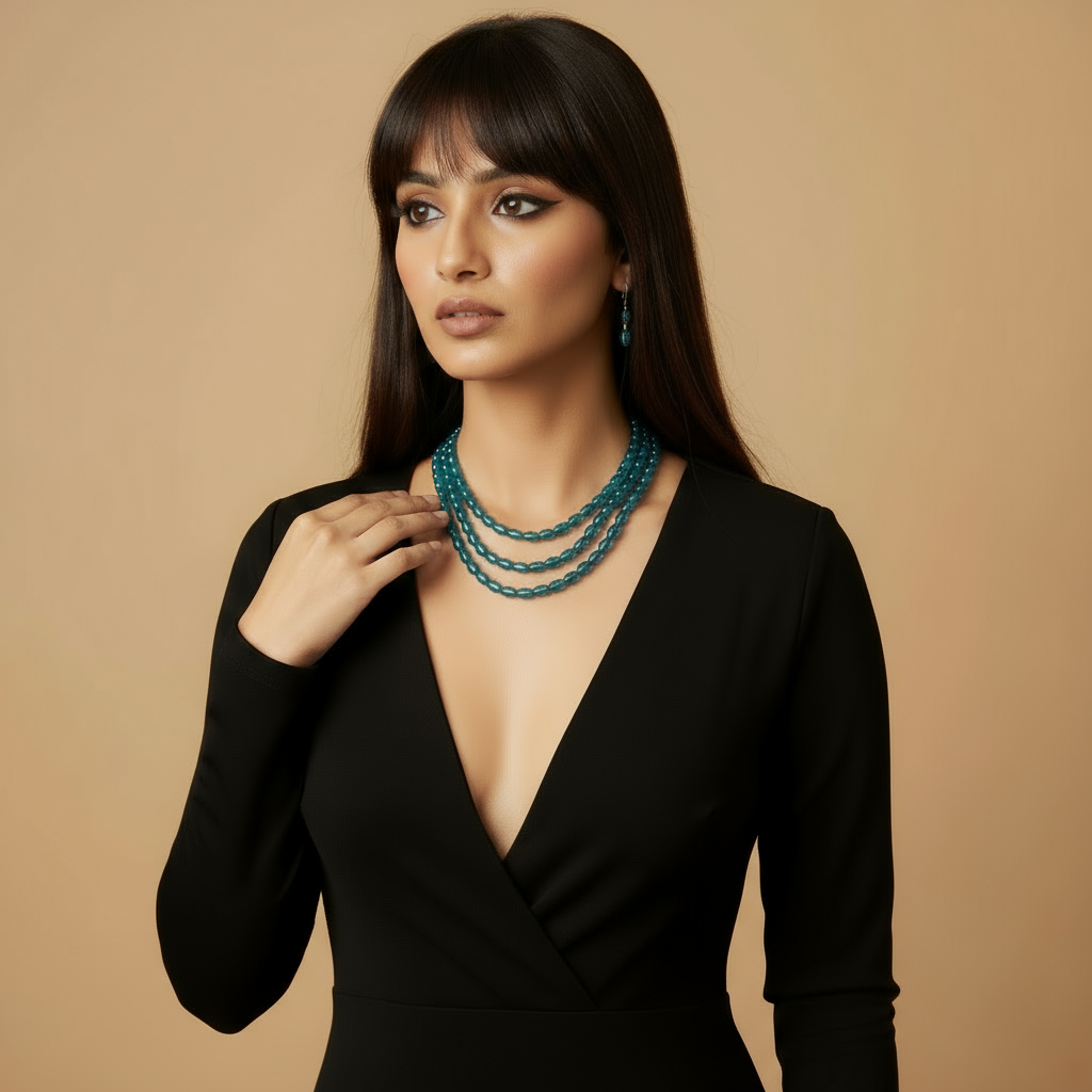 Multi-Strand Teal Faceted Glass Beaded Necklace and Earring Set