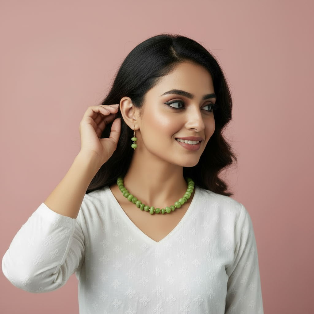 Green Semi-Precious Stone Necklace and Earring Set