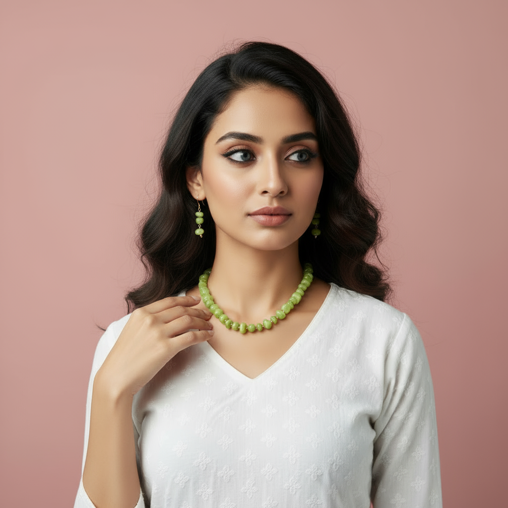 Green Semi-Precious Stone Necklace and Earring Set
