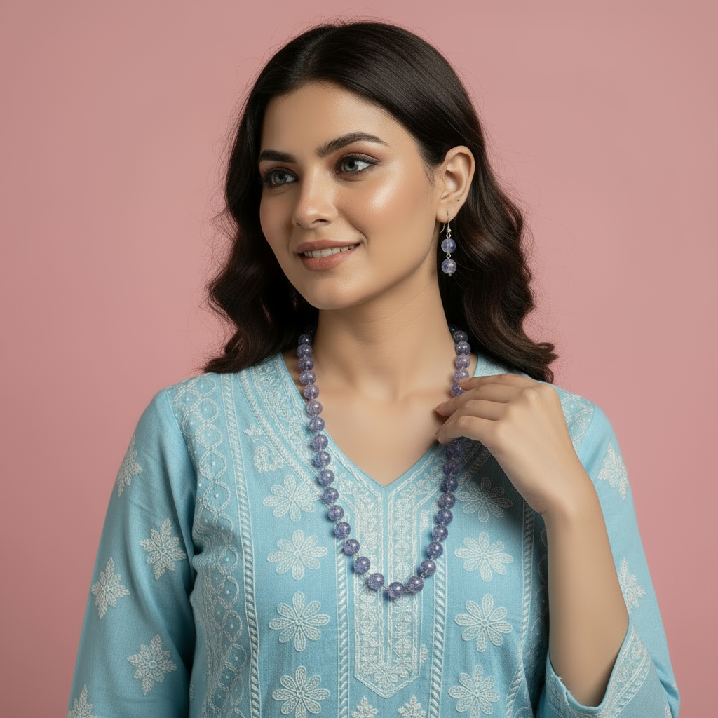 Multi-Strand Purple and Blue Crackled Glass Bead Necklace and Earring Set