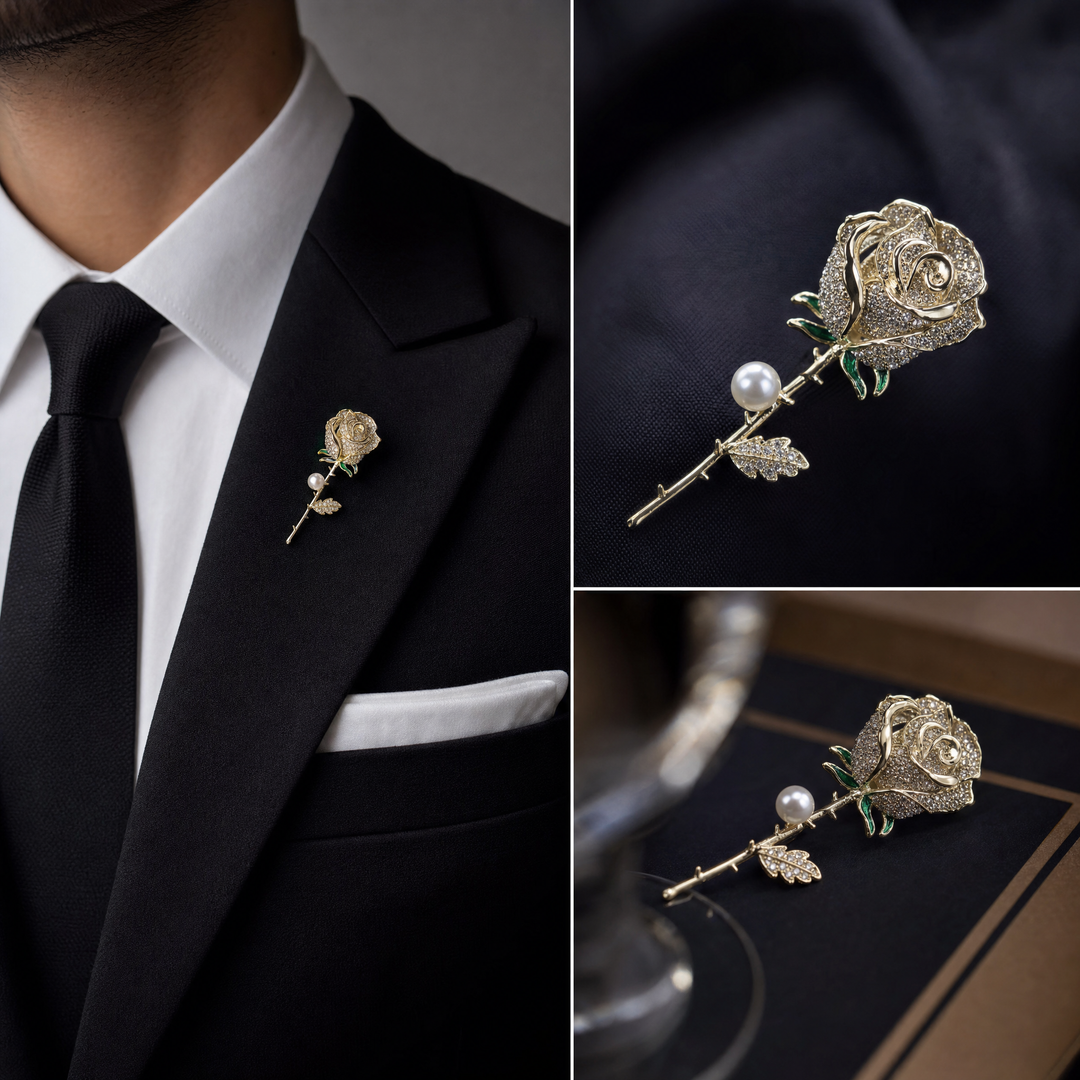 Gold rose brooch pin encrusted with pave crystals, green enamel accents, and a pearl 
