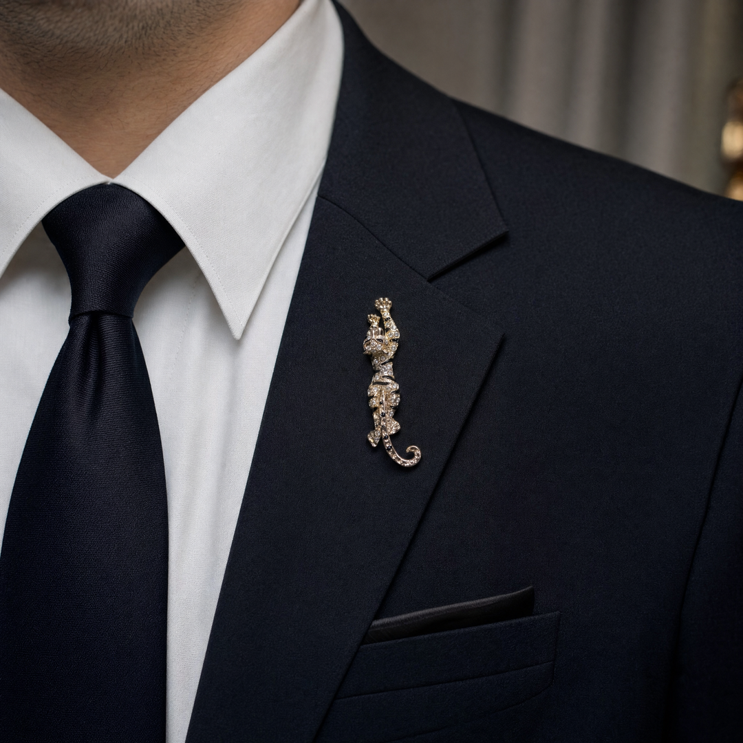Gold prowling tiger brooch pin encrusted with clear pavé crystals and black enamel stripes 