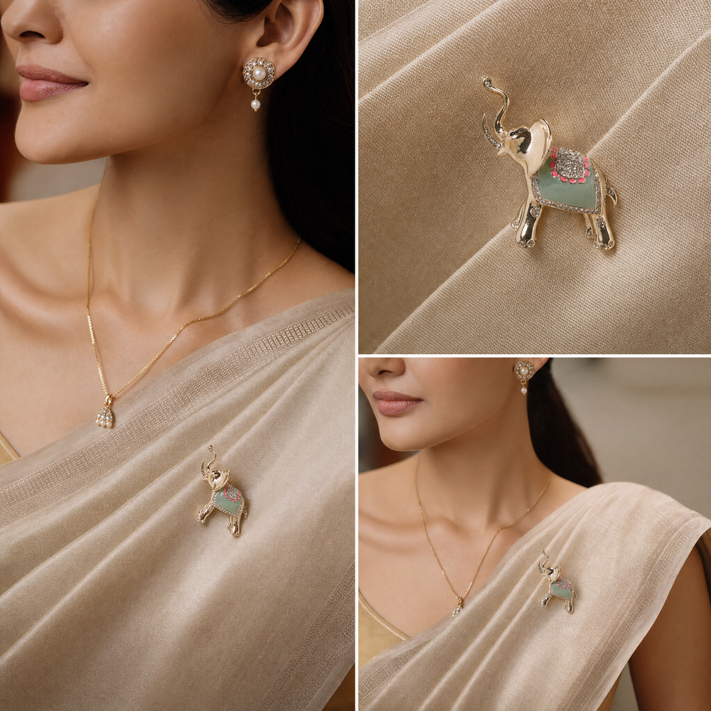 Polished gold-tone trunk-up elephant brooch pin with sage green enamel and clear crystal saddle 