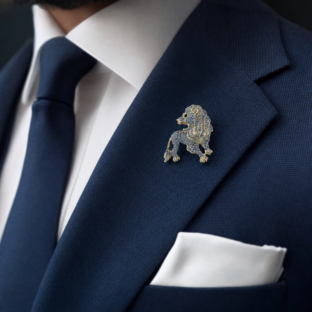 Gold-tone lion brooch pin pavé-set with sparkling periwinkle and sapphire blue crystals 