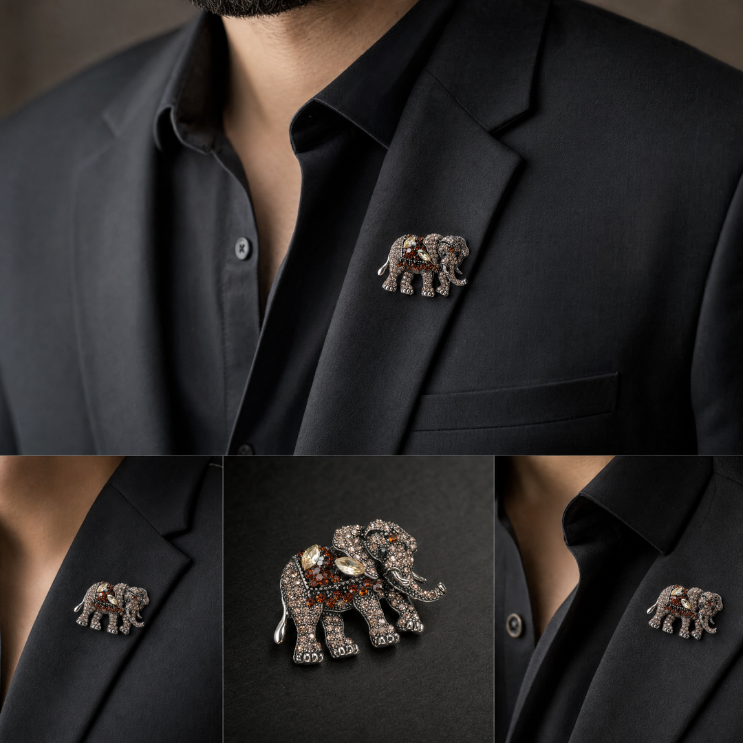 Antique silver-tone elephant brooch pin fully pavé-set with champagne and topaz brown crystals 
