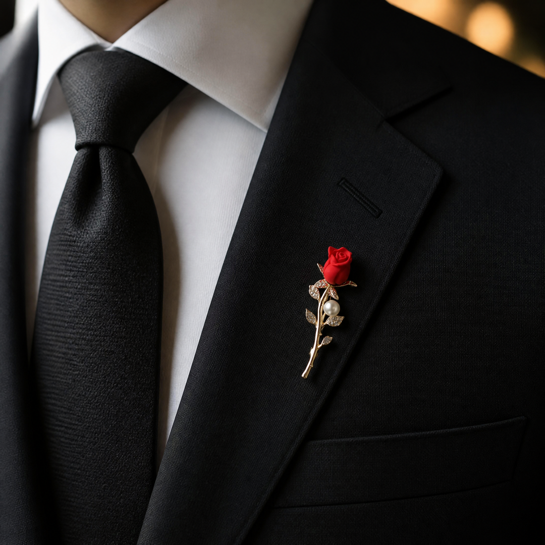 Matte red rose flower brooch pin with a pearl accent and pave crystal leaves on a gold stem against a white background by Delemon