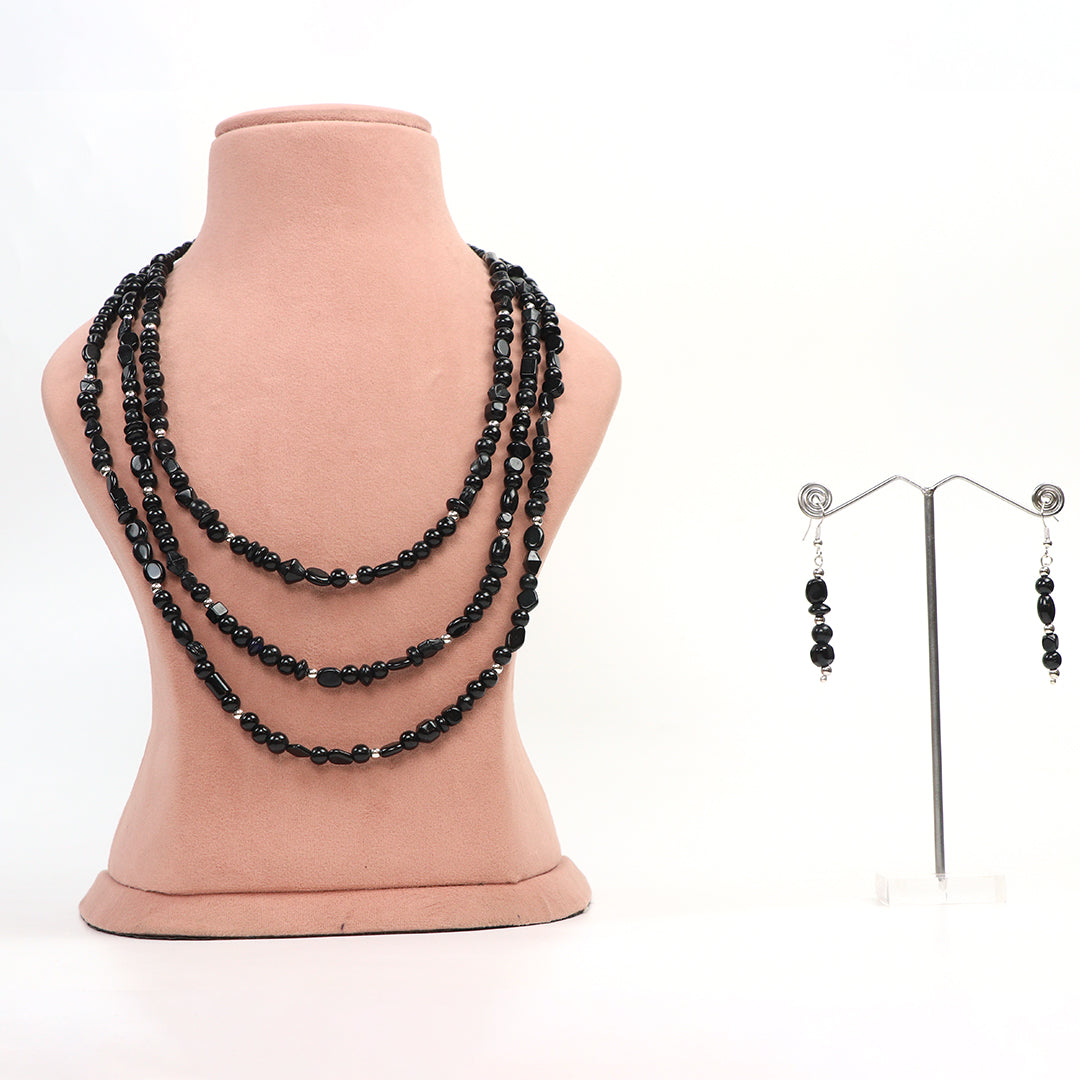 De-Lemon Midnight Black Multi-Layered Bead Statement Necklace with Matching Drop Earrings Set