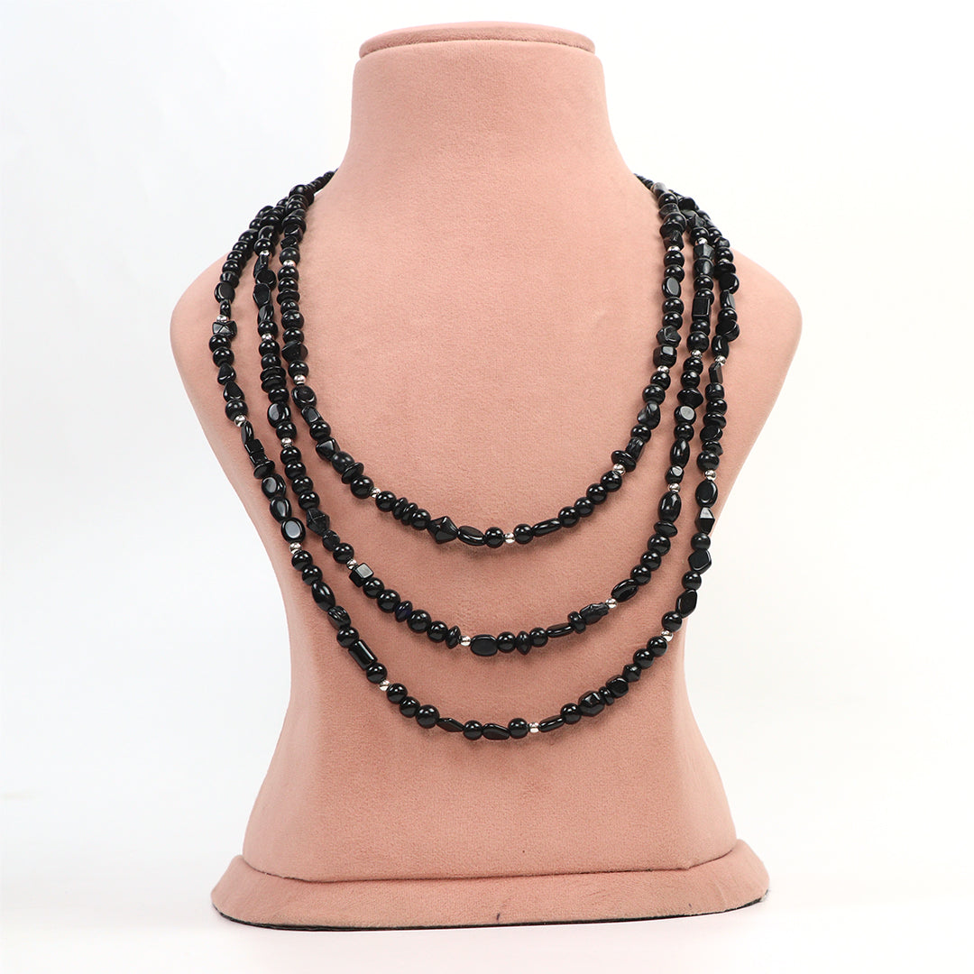De-Lemon Midnight Black Multi-Layered Bead Statement Necklace with Matching Drop Earrings Set