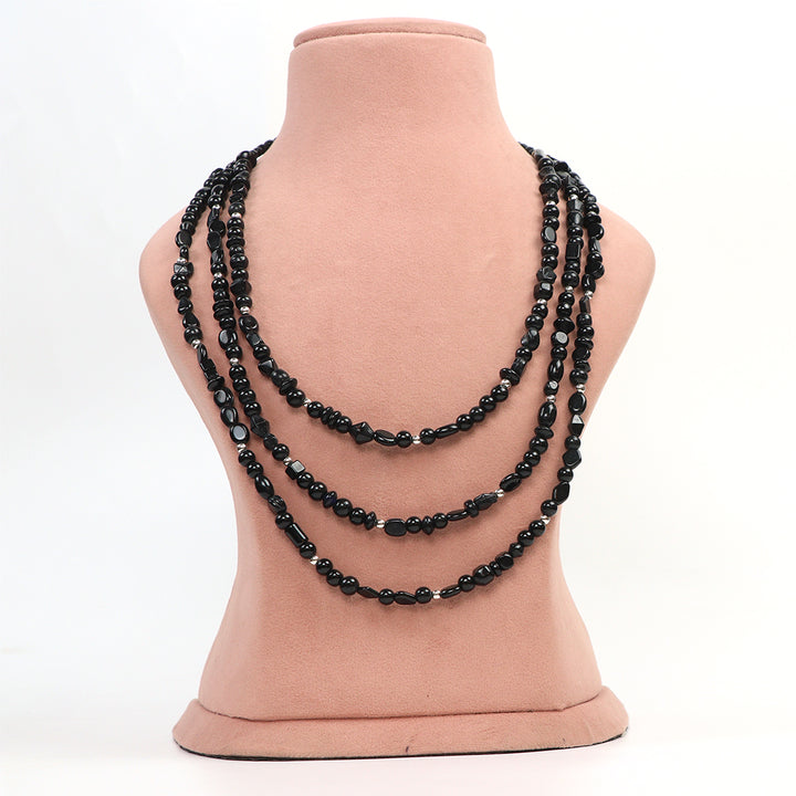 De-Lemon Midnight Black Multi-Layered Bead Statement Necklace with Matching Drop Earrings Set