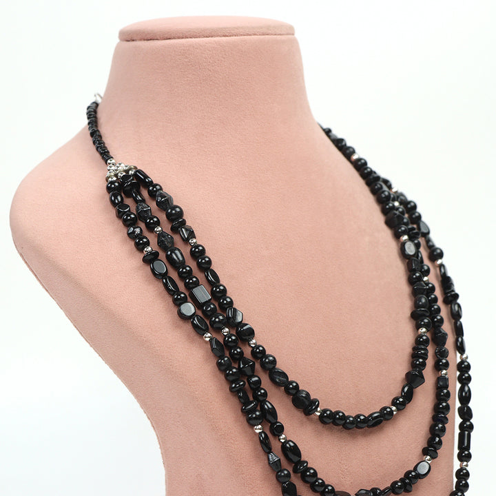 De-Lemon Midnight Black Multi-Layered Bead Statement Necklace with Matching Drop Earrings Set