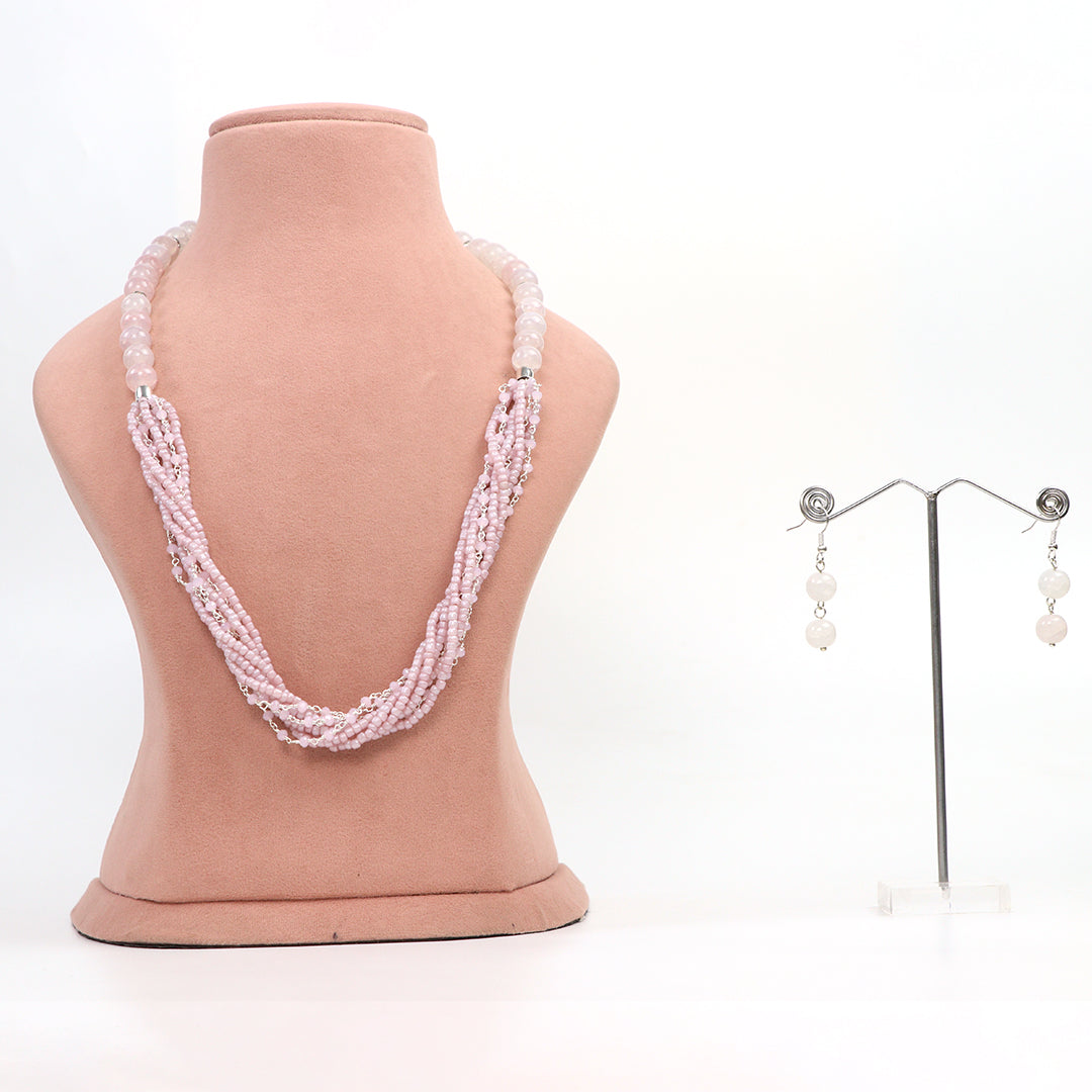 De-Lemon Pastel Pink Multi-Strand Seed Bead Necklace and Earring Set