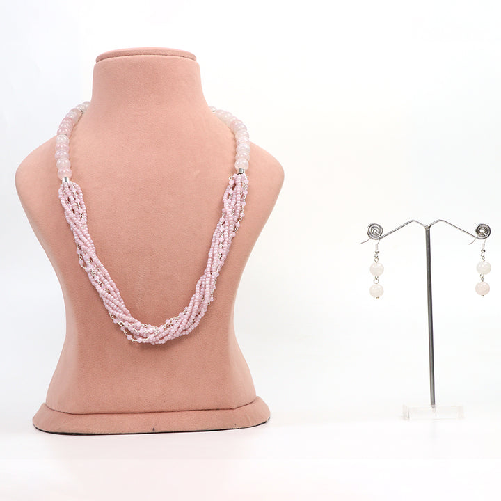 De-Lemon Pastel Pink Multi-Strand Seed Bead Necklace and Earring Set