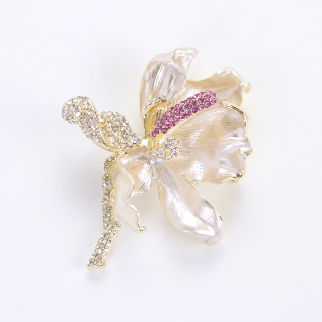 Pearlescent cream enamel flower brooch pin with pink and clear crystal accents 