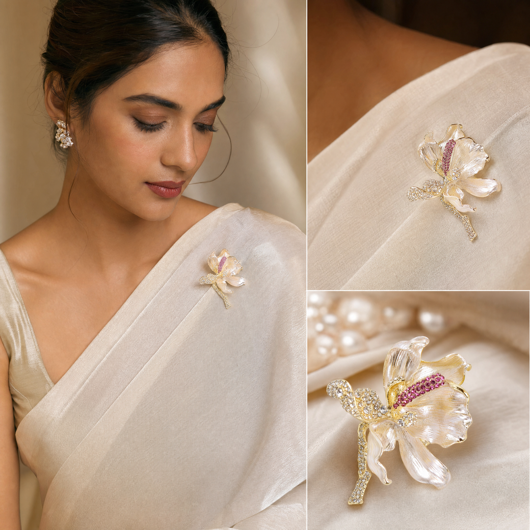 Pearlescent cream enamel flower brooch pin with pink and clear crystal accents 