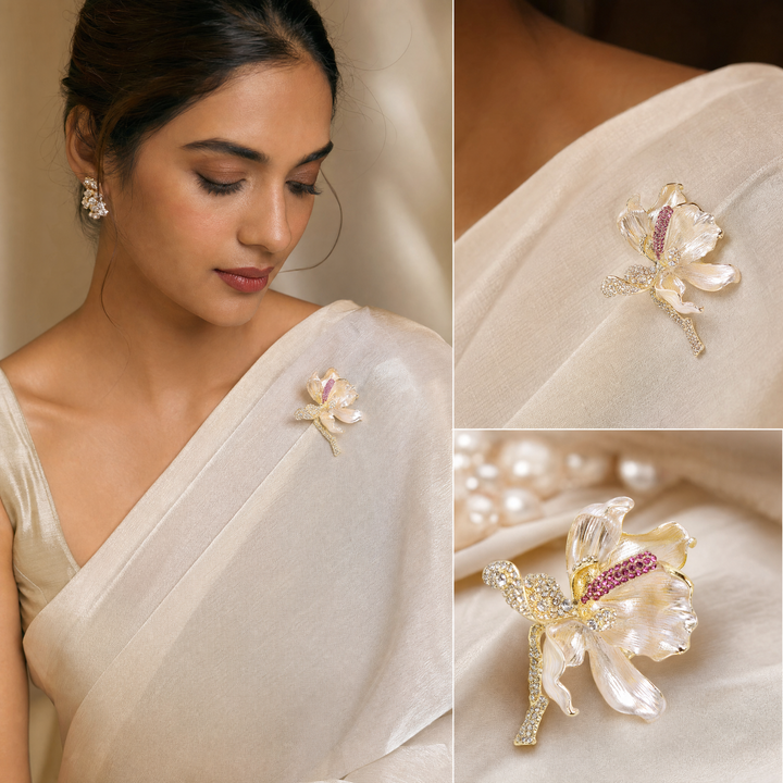 Pearlescent cream enamel flower brooch pin with pink and clear crystal accents 