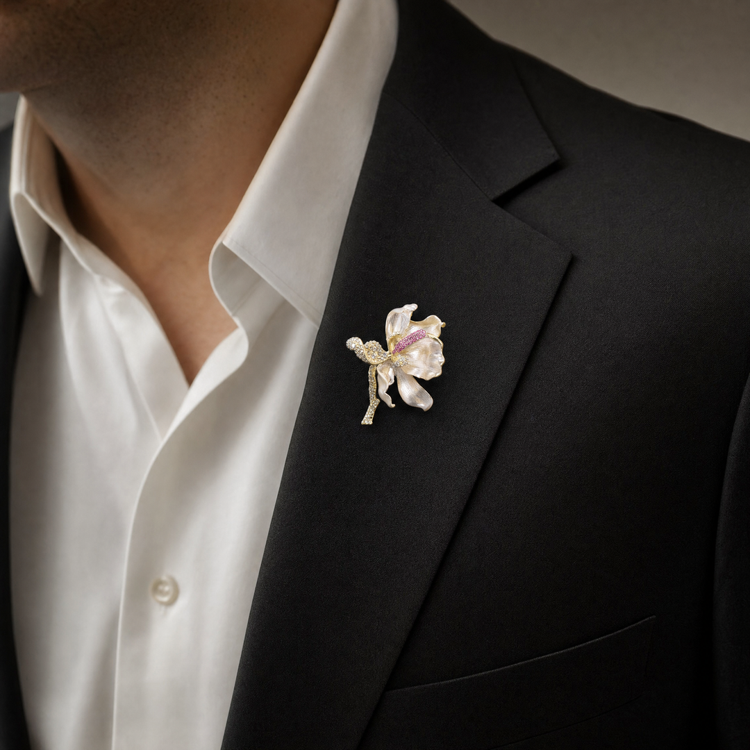 Pearlescent cream enamel flower brooch pin with pink and clear crystal accents 