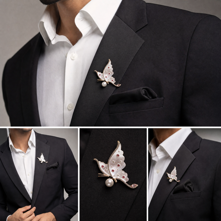 Pearlescent white enamel butterfly brooch pin with a large pearl accent and pink crystals