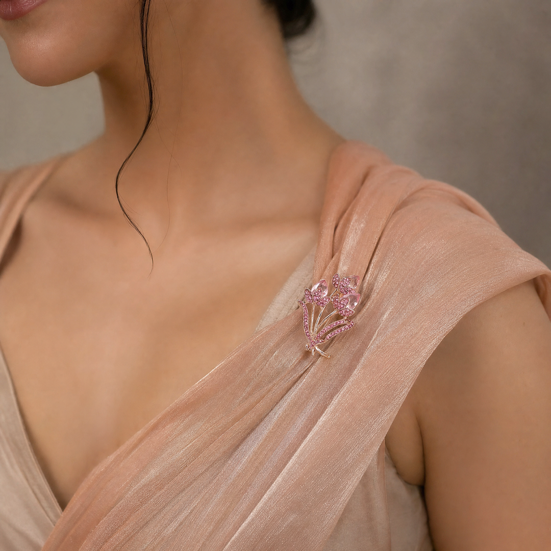 Rose gold-tone tulip bouquet brooch pin featuring faceted pink crystal gems and pink pave rhinestones 
