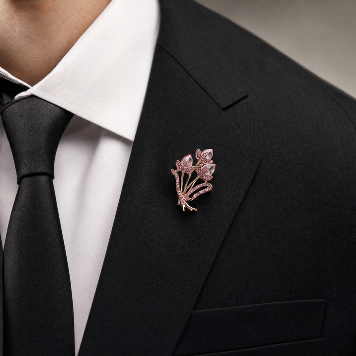Rose gold-tone tulip bouquet brooch pin featuring faceted pink crystal gems and pink pave rhinestones 