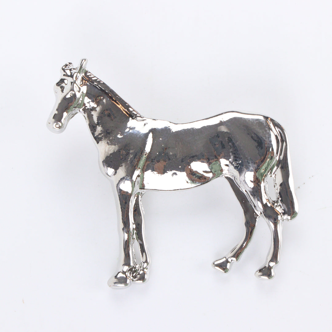 High-shine silver-tone horse brooch pin with a standing stallion silhouette on a white background by Delemon