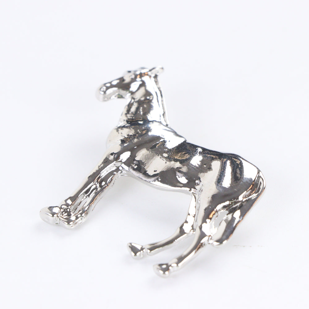 High-shine silver-tone horse brooch pin with a standing stallion silhouette on a white background by Delemon