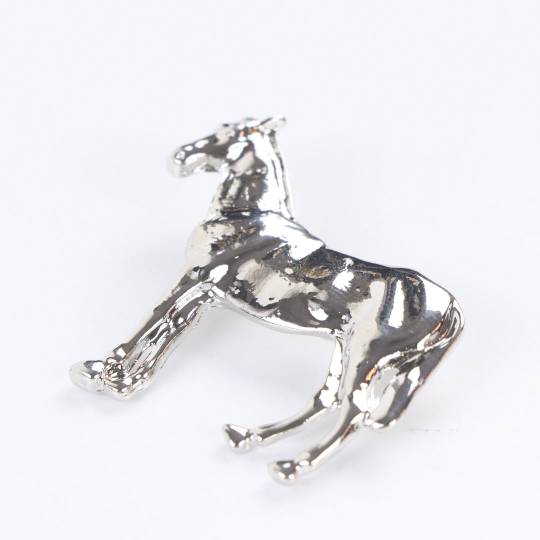 High-shine silver-tone horse brooch pin with a standing stallion silhouette on a white background by Delemon