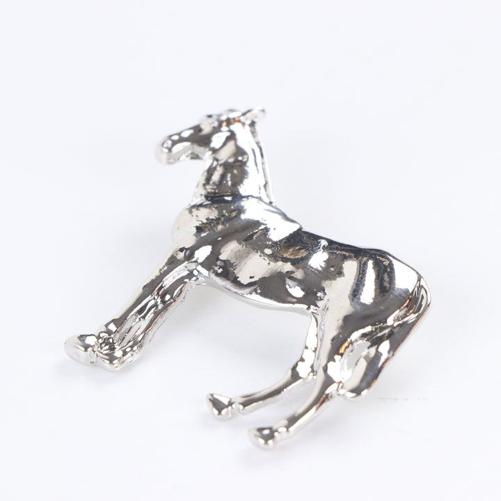 High-shine silver-tone horse brooch pin with a standing stallion silhouette on a white background by Delemon
