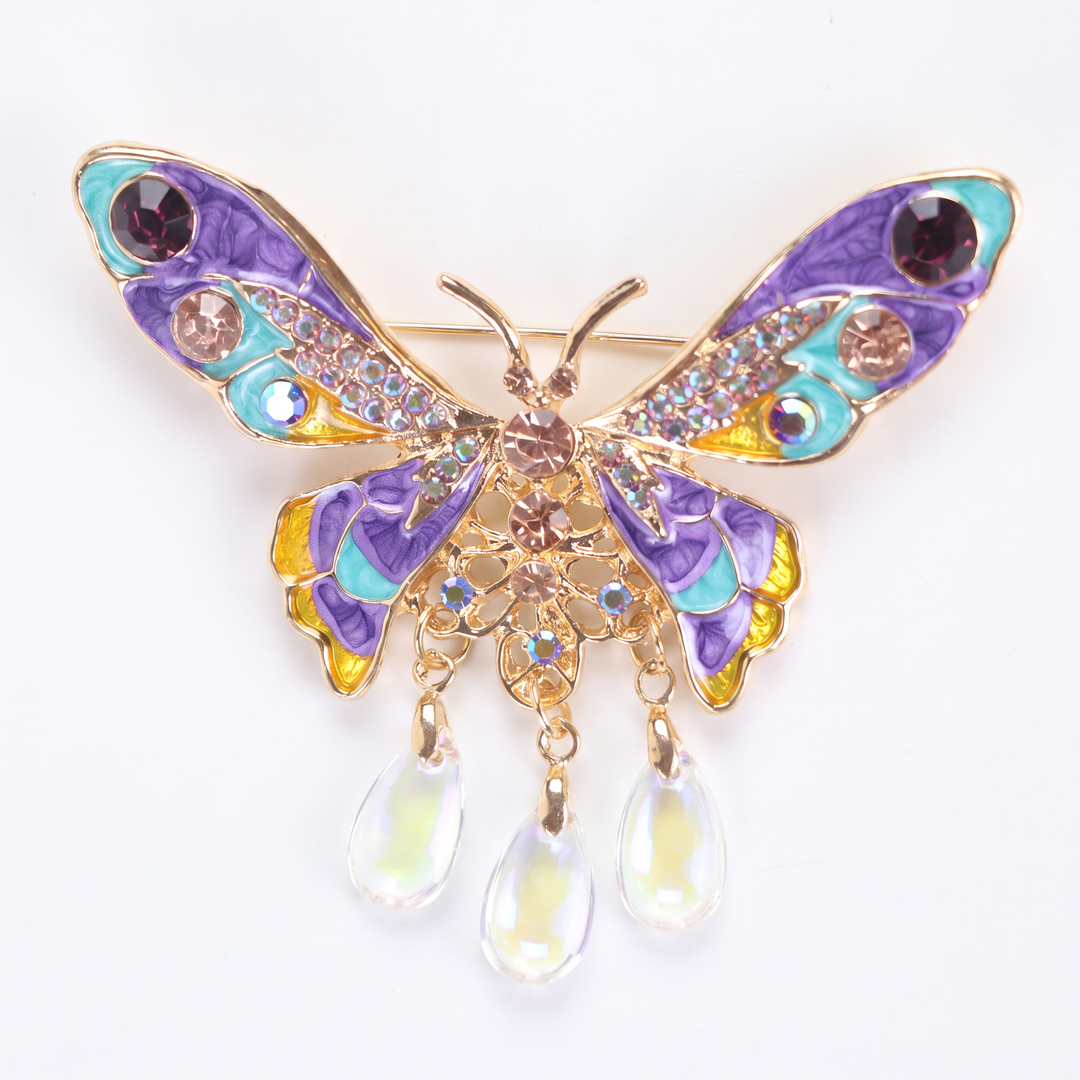 Colorful purple and turquoise enamel butterfly brooch pin with sparkling crystals 