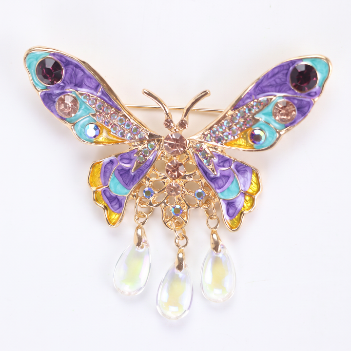 Colorful purple and turquoise enamel butterfly brooch pin with sparkling crystals 