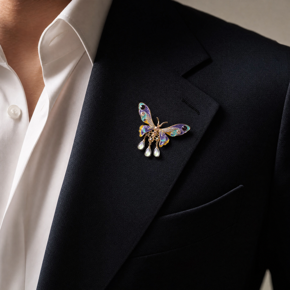 Colorful purple and turquoise enamel butterfly brooch pin with sparkling crystals 