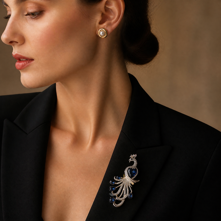 Majestic peacock brooch pin with clear pavé crystals and deep blue teardrop gems
