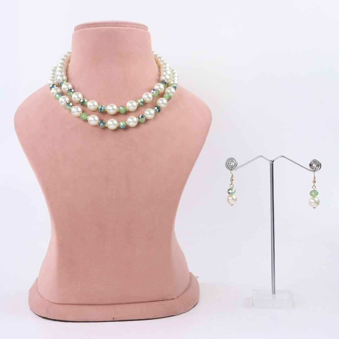 Delemon mint and sage green crystal cream pearl double-strand layered necklace with matching drop earrings
