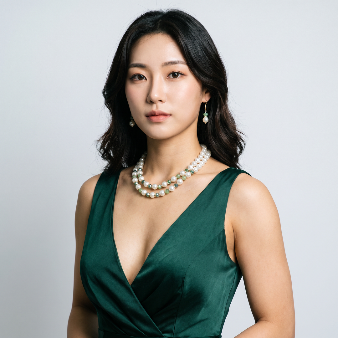 Delemon mint and sage green crystal cream pearl double-strand layered necklace with matching drop earrings