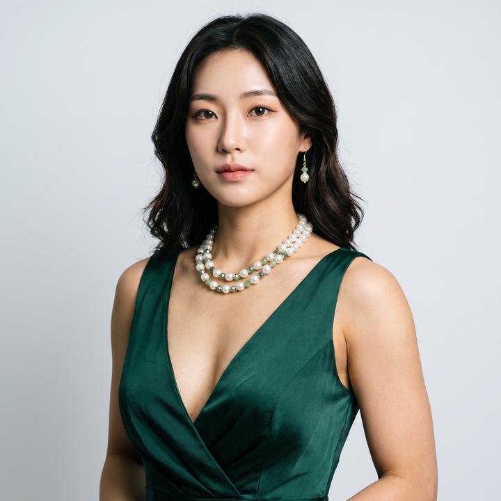 Delemon mint and sage green crystal cream pearl double-strand layered necklace with matching drop earrings