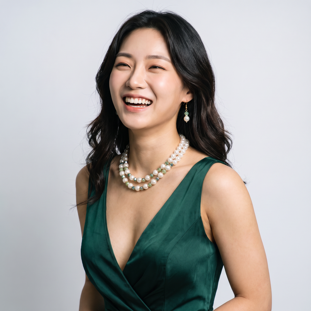 Delemon mint and sage green crystal cream pearl double-strand layered necklace with matching drop earrings