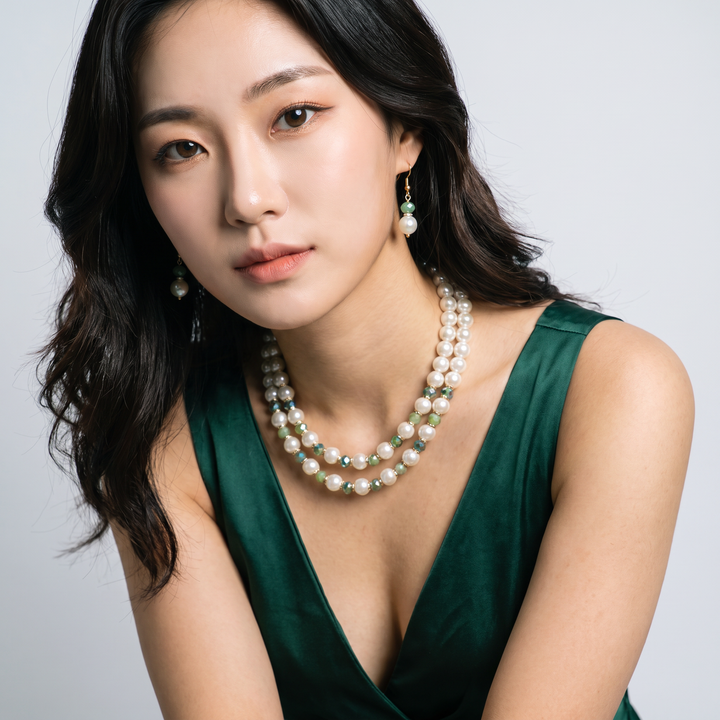 Delemon mint and sage green crystal cream pearl double-strand layered necklace with matching drop earrings