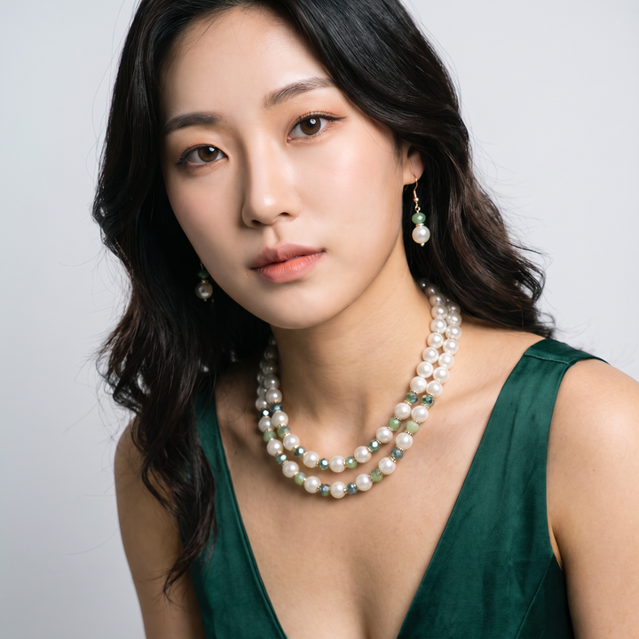 Delemon mint and sage green crystal cream pearl double-strand layered necklace with matching drop earrings