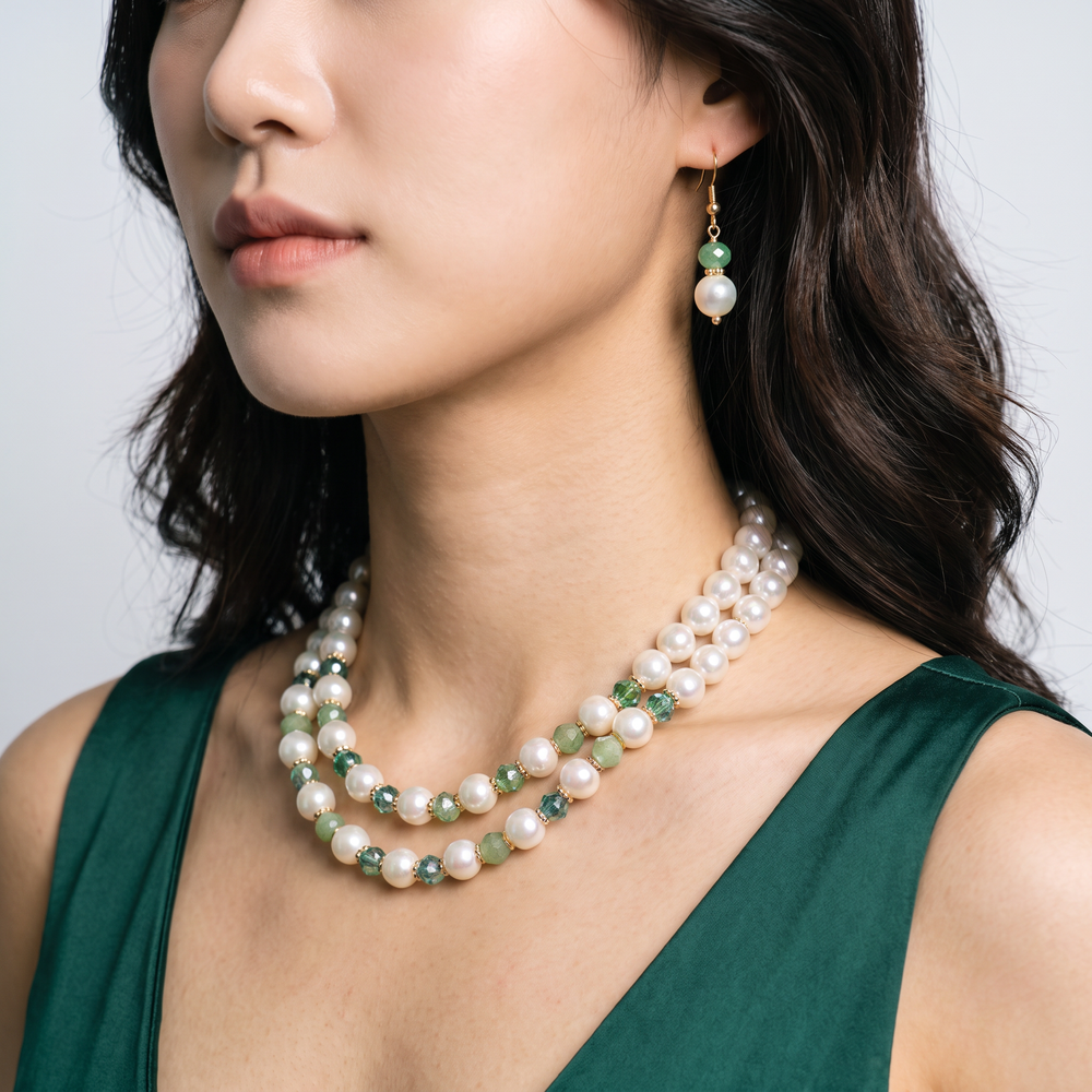 Delemon mint and sage green crystal cream pearl double-strand layered necklace with matching drop earrings
