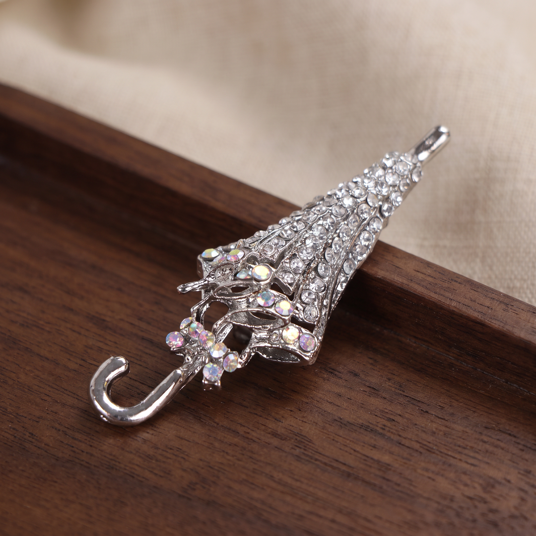 Chic Silver Crystal Folding Umbrella Brooch Pin | De-lemon