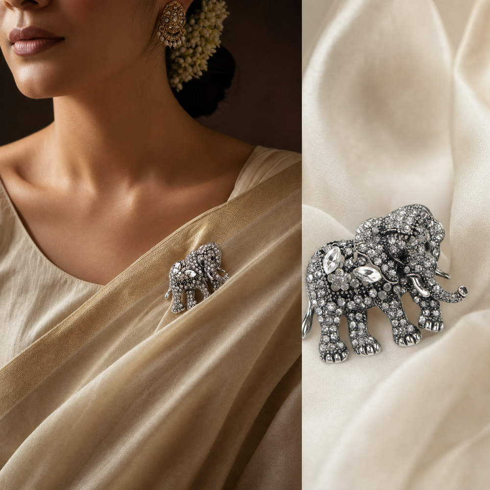 Antique silver-tone elephant brooch pin fully encrusted with brilliant clear crystals 
