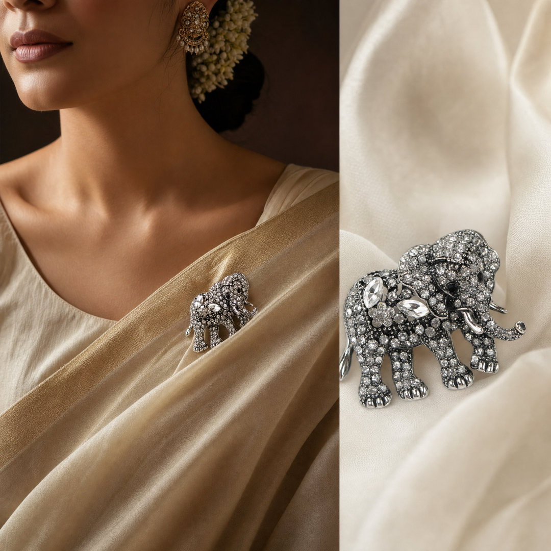 Antique silver-tone elephant brooch pin fully encrusted with brilliant clear crystals 