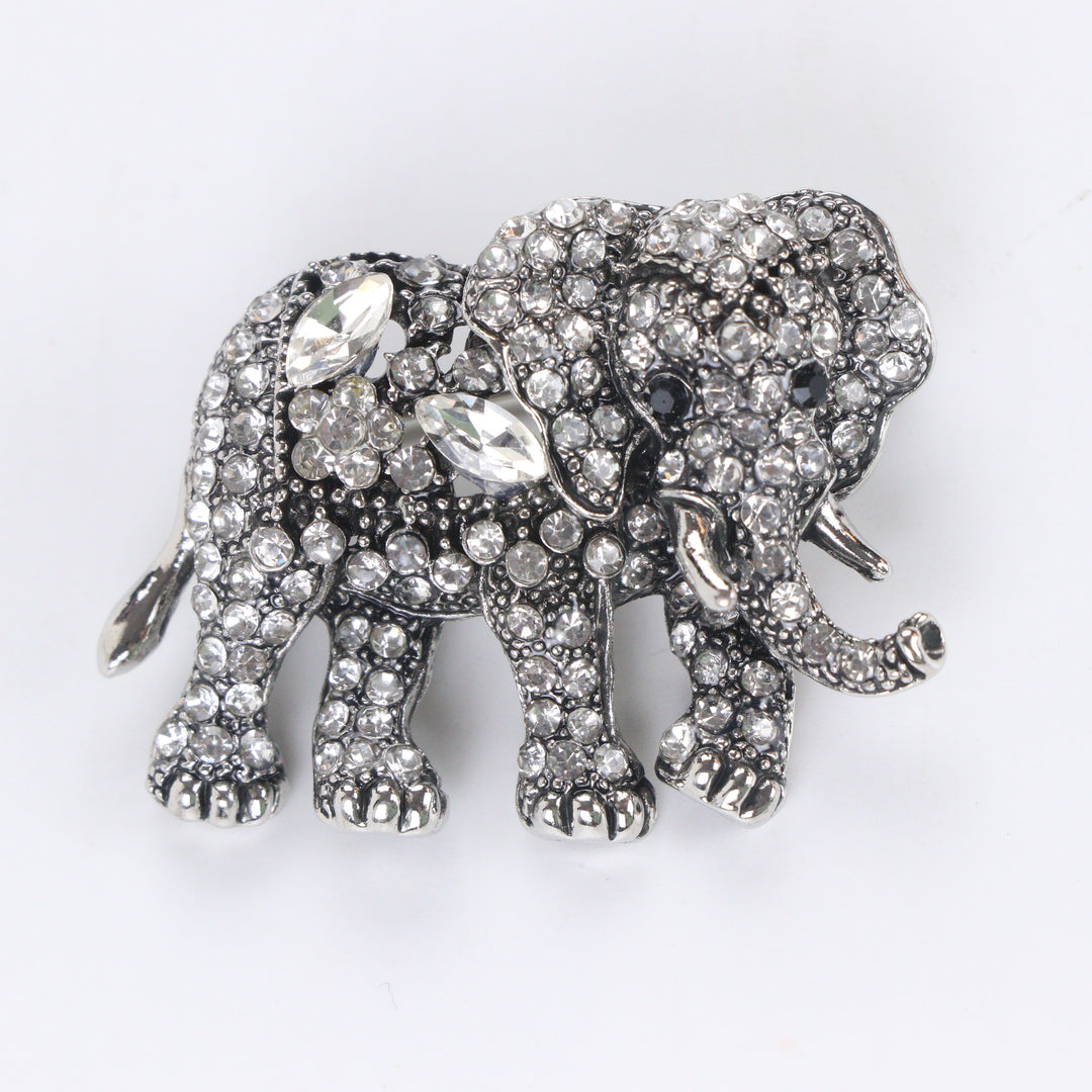 Antique silver-tone elephant brooch pin fully encrusted with brilliant clear crystals 